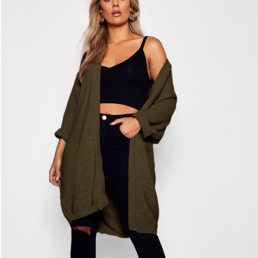 Boohoo Plus Cocoon Oversized Rib Knit Cardigan — Khaki